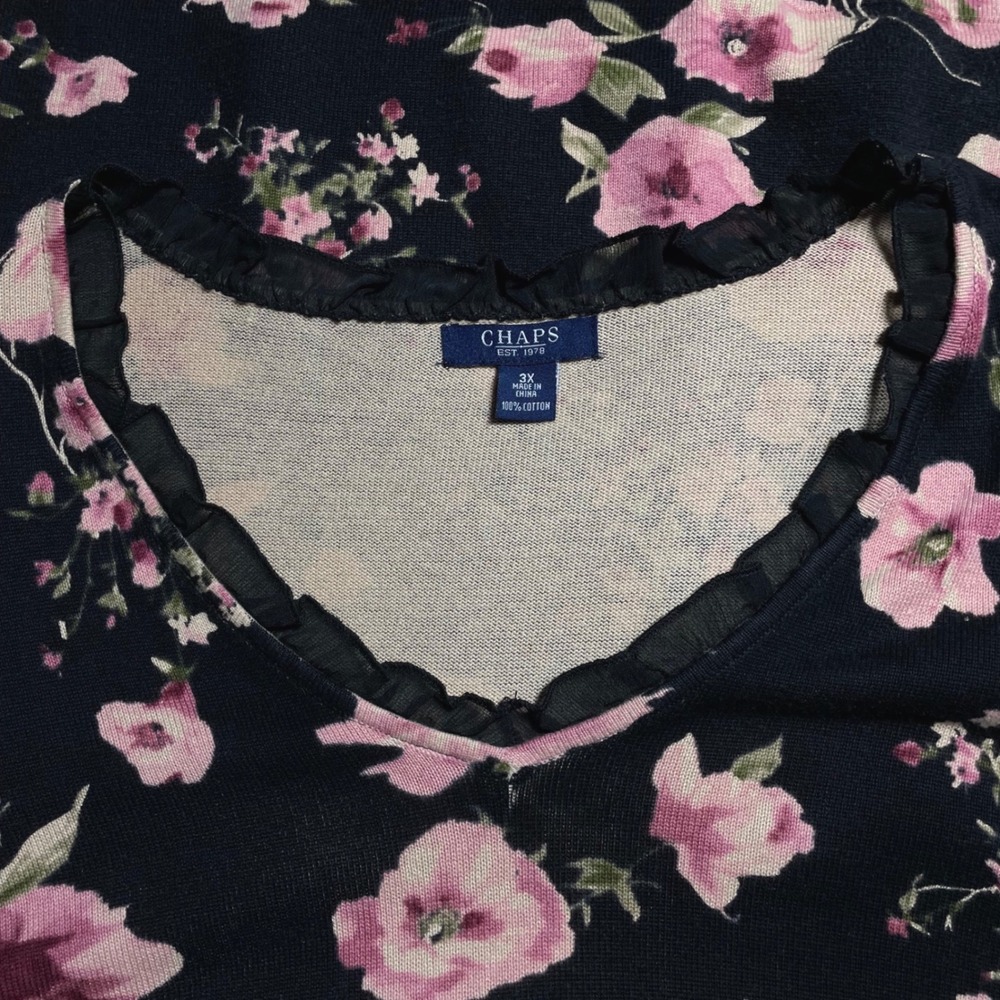 Chaps Womens 3X Black Pink Floral V-Neck Sweater Mesh Ruffle Trim 3/4 Sleeve - Picture 6 of 12
